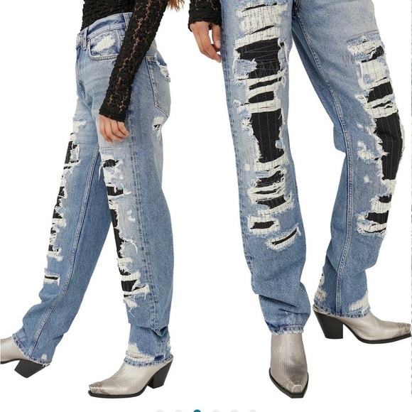 Free People McCoy Destroyed Patch Straight Leg Jeans 26 Tattered Blue $148 - Picture 10 of 11